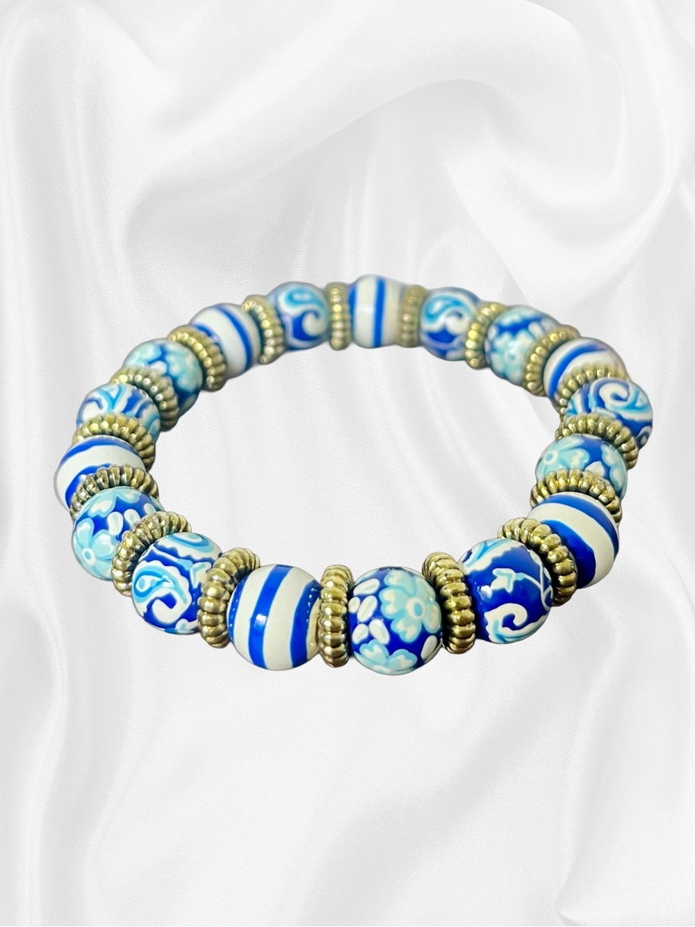 EUC Angela Moore Vintage Blue Coastal Hand-Painted Stretch Bracelet - Picture 8 of 12